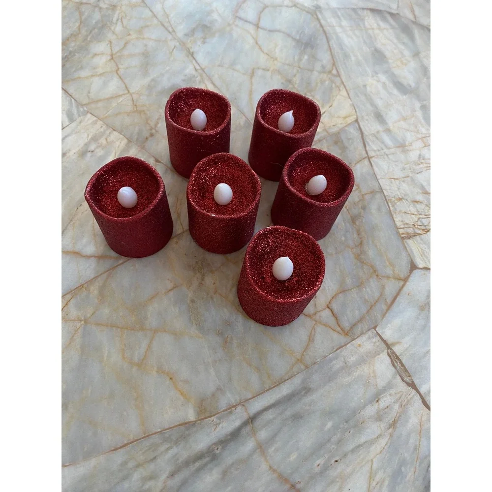 Set of 6 Red Glitter Flameless LED Tea Light Candles Battery Operated Festive